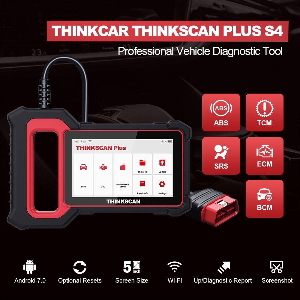 THINKCAR® THINKSCAN PLUS S4 5 Touchscreen OBD2 Car Diagnostic Scanner Tool  with 28 Reset ABS/SRS/Engine/Transmission/BCM OBD2 Scanner Code Reader  Airbag Reset ABS Bleeding Oil Service, EPB, TMPS, Throttle Relearn